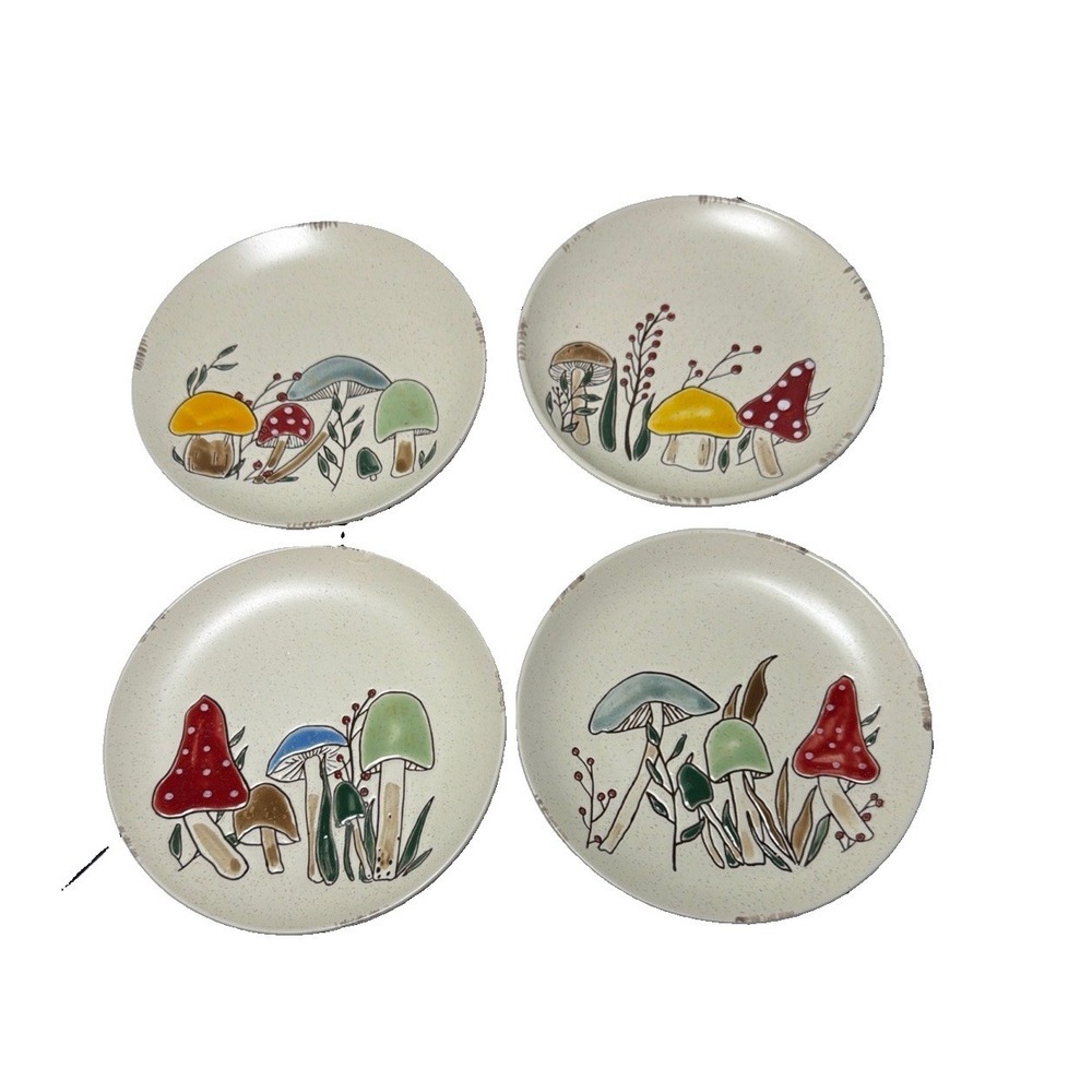 Set Of 4 Spectrum Designz Stoneware Bread Salad Plates Mushroom 2023 1 FLAW